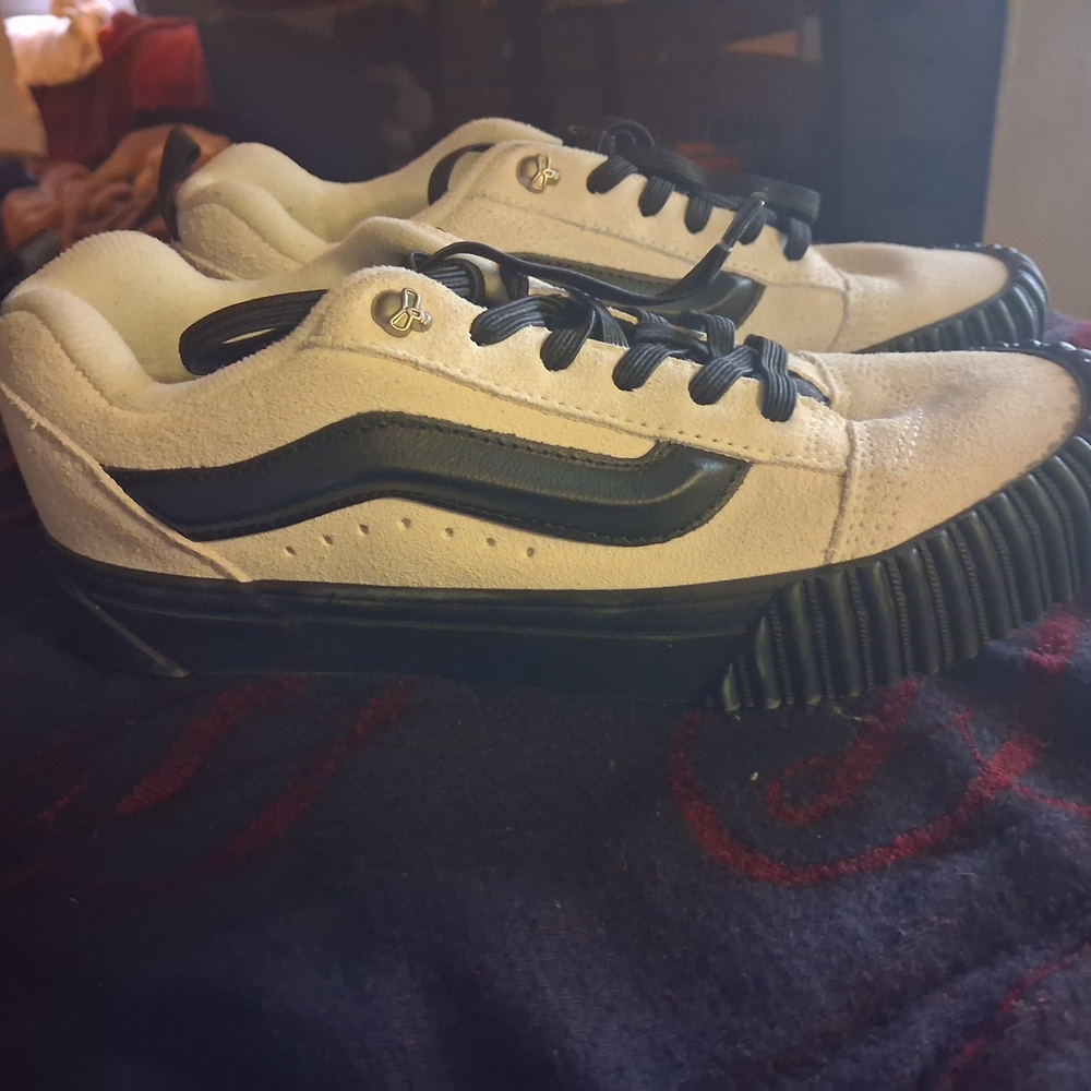 Vans Cream Suede Sneakers with Black Stripe and Sole